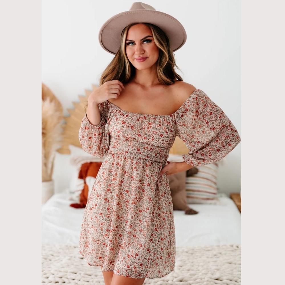 Le Lis Collection Floral Tie-Back Dress Taupe Rural Print Size M NWT